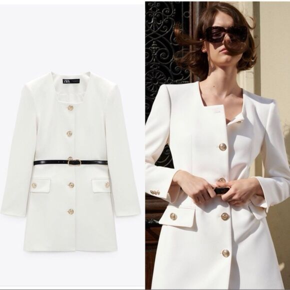 NWT ELEGANT WOMEN LONG BELTED BLAZER  color Ecru Size XS - Picture 3 of 16